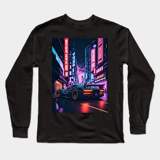 Dark Neon City Sports Car Long Sleeve T-Shirt